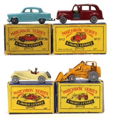 MATCHBOX: Four boxed Matchbox Moko Lesney vehicles, to comprise: 17 Austin Taxi, 19 MG Sports Car, 24 Excavator and 36 Austin