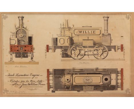 RAILWAYANA: A fine and detailed late 19th century pen ink and watercolour 'Scale' engineering drawing of Locomotive 'Willie' 