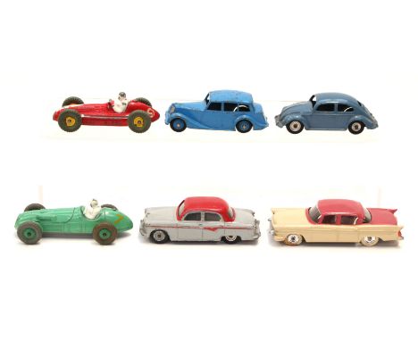 DINKY: A collection of six unboxed Dinky diecast vehicles to comprise: Packard Clipper, Austin A105, VW Beetle, Triumph, Mase