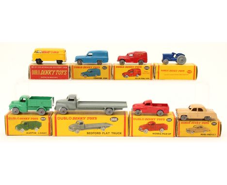 DINKY: A collection of eight Dinky Dublo, boxed diecast vehicles to comprise: Bedford Flat Truck 066, Ford Prefect 061, Masse