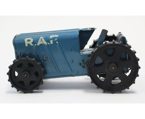 TRI-ANG: An unboxed Tri-ang clockwork RAF No.2 Tractor, pressed steel painted blue with white transfers (as found) and black 