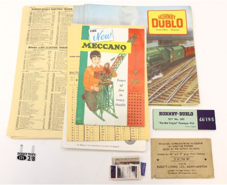 MISCELLANEOUS: A collection of assorted price lists, catalogues, price tags and cards to include: Hornby Dublo, Dinky, Meccan