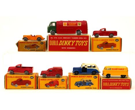 DINKY: A collection of seven Dinky Dublo, boxed diecast vehicles to include: A.E.C. Mercury Shell BP Tanker 070, Austin Taxi 