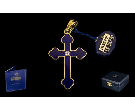 Faberge - Victor Mayer Ltd and Numbered 18ct Gold and Blue Enamel Cross Pendant Set with Diamonds  to Centre of Cross - marke