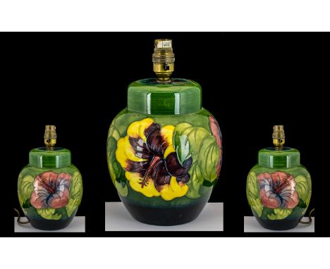 Moorcroft Tube line Lamp Base of Globular Form ' Hibiscus ' Assorted Colours on Green Ground, Label to Base Reads - Potters t