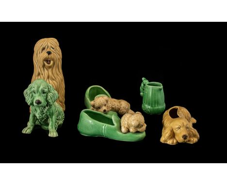 Collection of Vintage Art Deco Sylvac Figures including a Sheepdog, Spaniel, two Slippers with Terriers lying on them; a slee