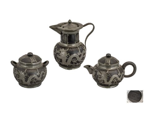 Chinese - Shanghai ( Black ) Pottery Three Piece Tea Set, Pewter Mounted with a Dragon Design Coiled Around the Body, Stamped