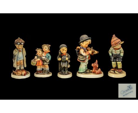 Hummell Collection of Figures (5) Comprising: 1.  Little Boy Playing Violin with Little Dog;  2.  Little Pilot; 3.  Little Bo