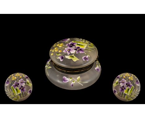 Victorian Lidded Glass Patch Box, Decorated In Coloured Enamels. Depicting Forget-me-knots / Violets. 4 Inches Diameter. 