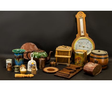 Large Box Containing Two Wooden Biscuit Barrels, Barometer, Hinged Box, Brown Leather Stud And Collar Case, Small Mixed Potte