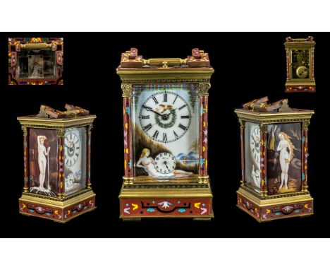 Mid 20th Century Enamelled / Cloisonne Brass Carriage Clock with Repeater and Alarm Facility, Highly Decorated Images of Nake