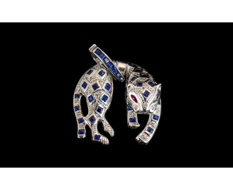 18 ct White Gold Exquisite and High Quality Sapphire and Diamond Set Figural Pendant in the form of a Leopard set with ruby e