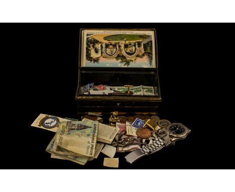 Tin of Coins Mixed Avia Watch Silver Metal Bracelet, 4 Bank Notes, Cufflinks. 