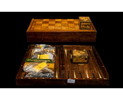 Antique Boxed Games Set comprising chess, drafts and backgammon boards complete with chess set, drafts set and two sets of do