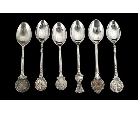 Badminton Interest - Six Vintage Spoons, silver plated with rackets and players depicted in roundels to the spoons. Please se