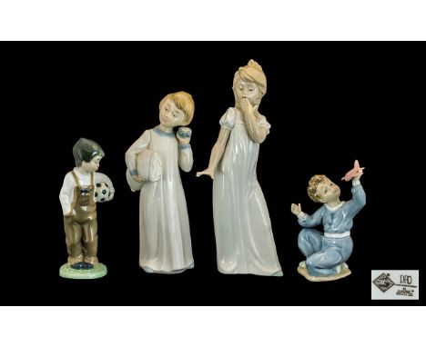 Collection of Four Lladro Nao Figures comprising a sleepy girl figure approx.12" tall; a sleepy boy figure with a pillow and 