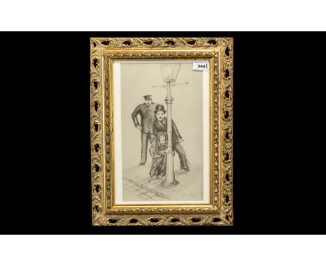 Laurel &amp; Hardy Limited Edition Print of Laurel and Hardy depicting Laurel with two children by a lamp post with a policem