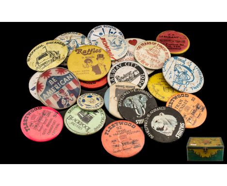 Antique Tin Containing Vintage Badges. Large collection of vintage badges, to include Smiths crisps, Fleetwood trams, Vote Am