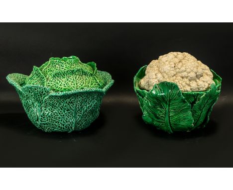 Two Vintage French Fiance Large Lidded Vegetable Dishes one cabbage shaped, and one cauliflower shaped.  Marked 'Made in Fran