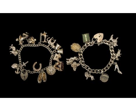 Vintage 1970's Sterling Silver - Nice Quality Charm Bracelets ( 2 ) In Total. Loaded with 22 Good Quality Silver Charms, Some