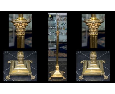 A Fine Quality Gilt Brass Corinthian Column Extending Standard Lamp with Stepped Base, Supported by Cast Lion Paw Feet, Laure