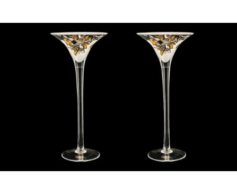 A Pair of Goebel Orchid Glass Candlesticks, 16 inches high. As new condition with original gift boxes.