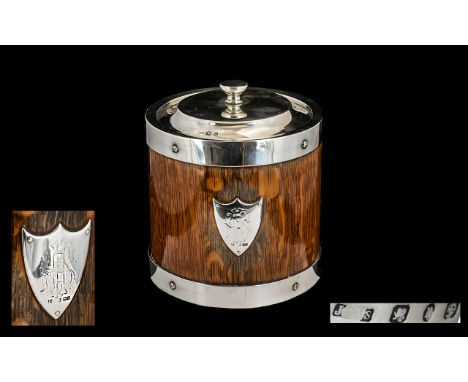 Victorian Period Good Quality Sterling Silver Lidded &amp; Banded Oak Panel Biscuit Barrel.  Complete with pot ceramic interi