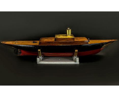 Large Scratch Built Model Boat With Engine Early to Mid 20thC, Constructed From Oak. The Hull Painted In Black And Red Gloss,