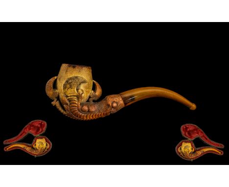 Antique Eagle Claw Talon Carved Meerschaum Pipe Amber Mouthpiece, The Whole Length 138mm, Fitted Silk Lined Case. 