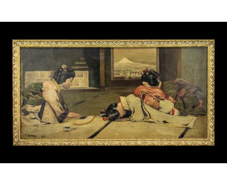 Japanese Painting of Geisha Girls. Oil on canvas, framed.  Signed F R Latimer and dated 1946.  Measures 25.5" x 13.5" approx,
