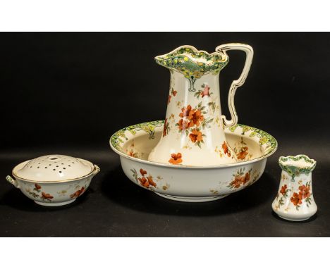 Trentham 'Late Mayers' Vintage Wash Jug &amp; Bowl Set includes a small pot and matching sponge bowl with lid.  All in cream 