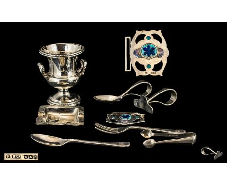 Small Collection Of Silver To Include A James Fenton Enamelled Buckle, Hallmarked For Birmingham i 1908. Matching Fork &amp; 