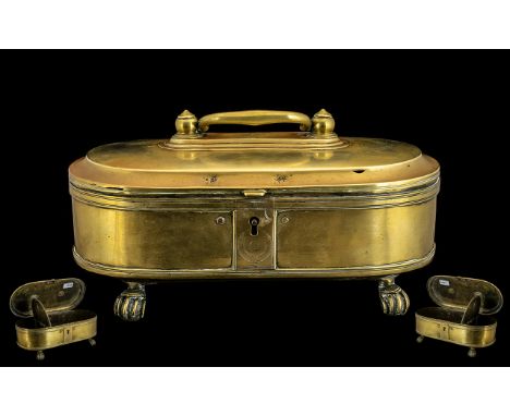 Antique Brass Spice Box Container/ Tea Caddy of oval shape with carrying handle. With a working lock plate and key. Interior 