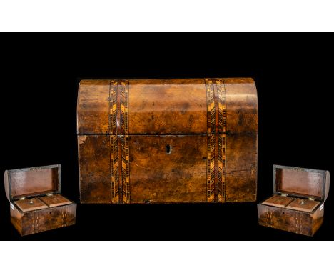 Victorian Dome Topped Walnut Tea Caddy Tunbridge Style Inlay To Hinged Top And Front, Twin Compartments With Covers, Height 7