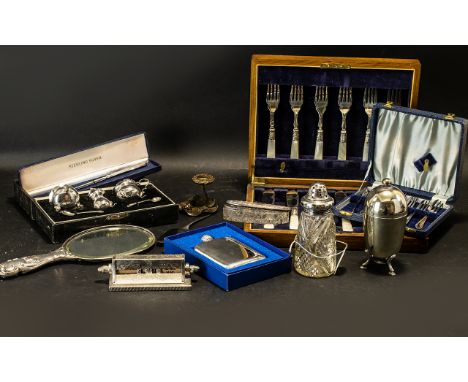 Collection of Silver Plate &amp; Sterling Silver Items comprising paper knife in original velvet box; hip flask in box; boxed