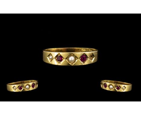 18ct Gold Stone Set Ruby &amp; Pearl Dress Ring - Ladies 18ct gold rig set with 2 Rubies &amp; 2 Pearls (one outer Pearl is m