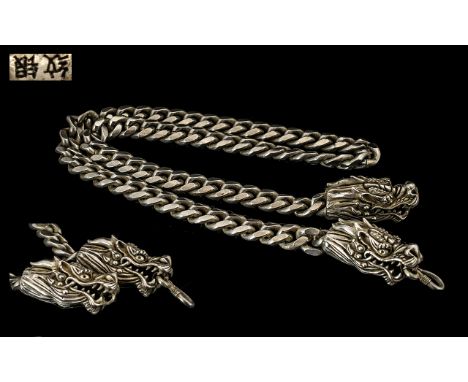 Chinese Mid 20th Century Large and Heavy Silver Chain with Figural Dragon Heads Clasp. c.1940's / 1950's. Marked with Chinese