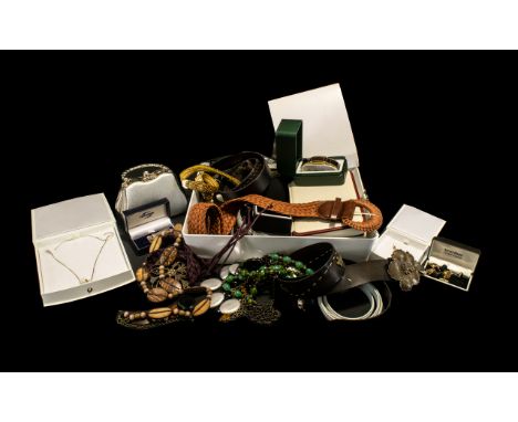 Collection of Costume Jewellery &amp; Belts to include a white leather jewellery box containing vintage and contemporary neck