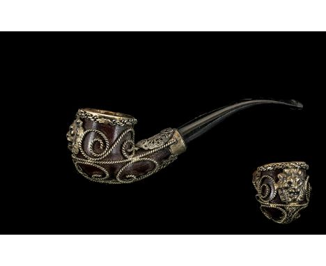 19th Century Pipe. Unusual pipe with silver work around the bowl, very nicely done with a lions head to front, possibly Germa