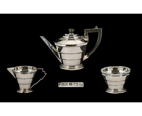 Art Deco Period Stunning Designed - Conical Shaped Sterling Silver Three Piece Singles Tea Service, Comprises Teapot, Milk Ju