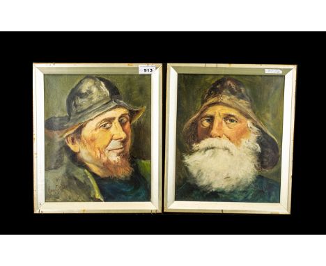 Pair of Victorian Oil Paintings on Canvas - depicting old fisherman portrait characters. Signed Henrie Pitcher (unframed) siz