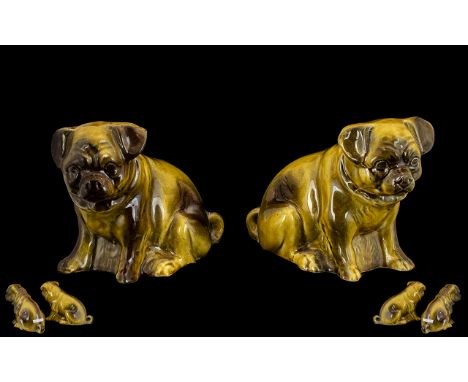 Pair Of Antique Ceramic Pug Dogs Unmarked, Golden Tan/Brown Body, Height 6 Inches Length 8 Inches