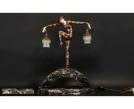 Art Deco Style ( Chipairus Type ) Electrified Bronze Lamp, Depicting an Exotic Dancing Girl In Periot Garble, Standing on an 