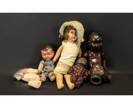 Dolls - Collection of Four 1920/30's Vintage Dolls - with composition heads. One composition black head and two spare legs. L