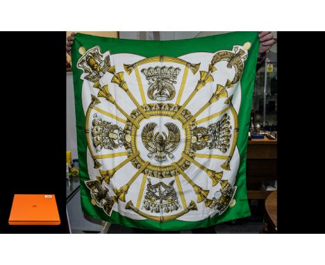 Hermes Vintage Scarf in classic design with green, gold and white background.  Egyptian theme pattern, measures 90 x 90 cms. 