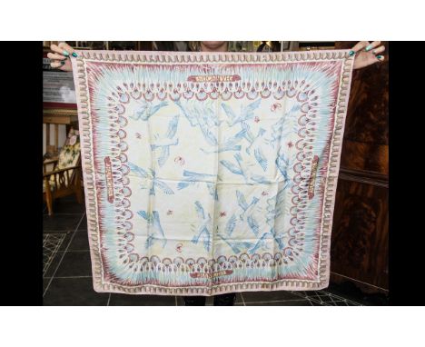 Vintage Harrod's Silk Scarf hand rolled edges. 32'' square, in delicate pastel colours with blue birds design, on a ground of