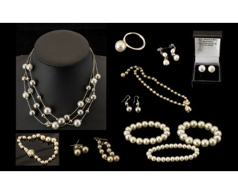 Collection of Pearl Costume Jewellery both vintage and modern, comprising a seed pearl necklace with decorative clasp with ma