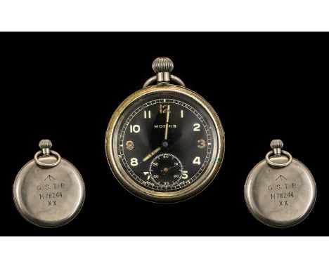 World War II German Moeris Military Pocket Watch - Featuring self winding black dial. Marked to back cover Broad Arrow - G.S.