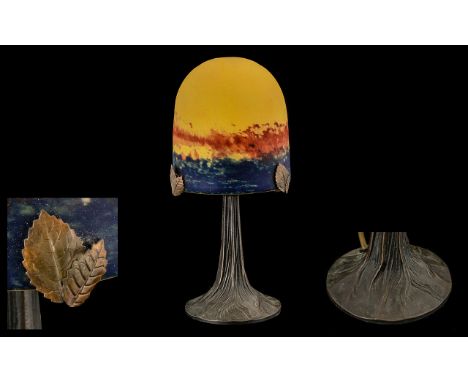 Art Deco Style - Duam Mushroom Shaped Glass Lamp with a Naturalistic Tree Shaped Base. 3 Inches High. 