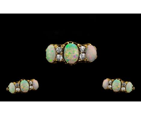 Antique Period 18 ct Gold Attractive Opal and Diamond Set Dress Ring with Gallery Setting - Hallmark Birmingham 1909. Ring si